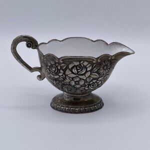 Silver Plated White Enamel Interior Creamer Roses Floral Tarnished 2.75" Inch